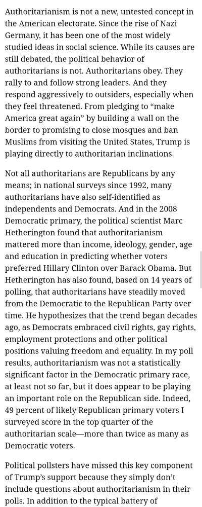 From: The One Weird Trait That Predicts Whether You’re a Trump Supporter And it’s not gender, age, income, race or religion. By MATTHEW MACWILLIAMS January 17, 2016 https://www.politico.com/magazine/story/2016/01/donald-trump-2016-authoritarian-213533