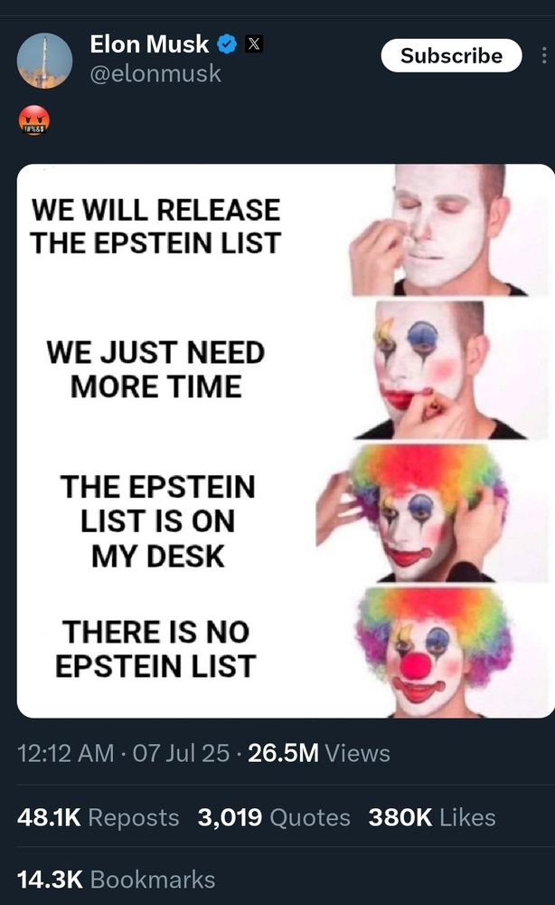 Elon Musk mocking Pam bondy for not having the Epstein client less. 

We will release the Epstein list 
We just need more time 
The Epstein list is on my desk 
There is no Epstein list 
