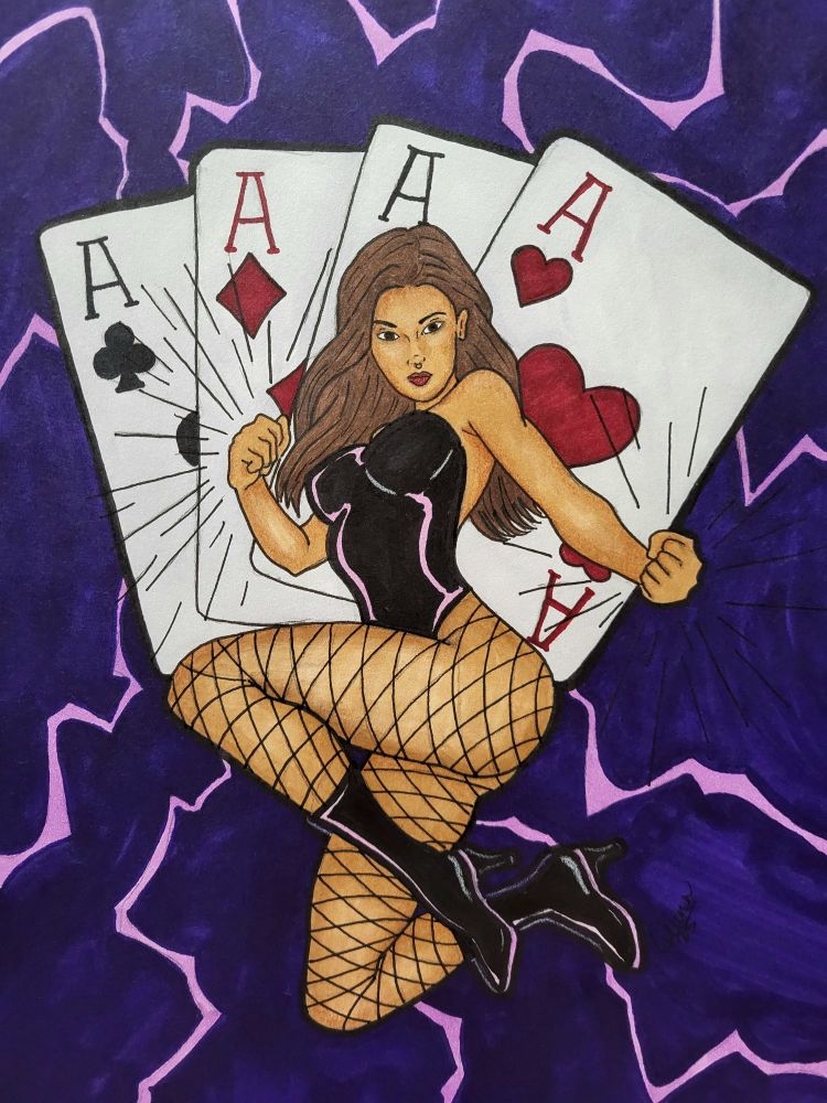 Art piece featuring a woman in fishnets and a one piece, in front of playing cards and a lightning background.