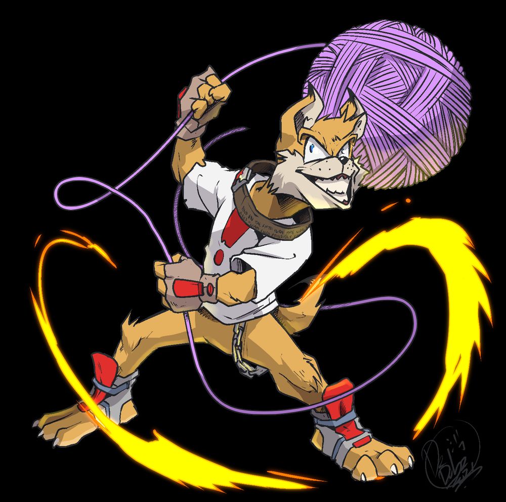 Bubsy designed like a Guilty Gear characters, with sparking flame effects around him as he grins widely and devlishly, swinging around his (yarn)ball-and-(string)chain weapon. He has a belt with some nonsense writing hanging off his neck and a chain around his left leg. He has pauldrons for his shins and feet. He is still appropriately pantsless.