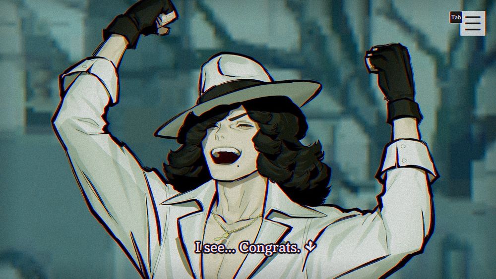 Screenshot from Paranormasight: The Seven Mysteries of Honjo. Richter is holding his fists above his head, cheering victoriously. The speaker simply responds "I see... Congrats."