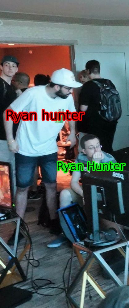A picture featuring two people. One is labeled "Ryan Hunter" the other who is standing over him looking tougher with a clenched fist is labeled "Ryan hunter" 