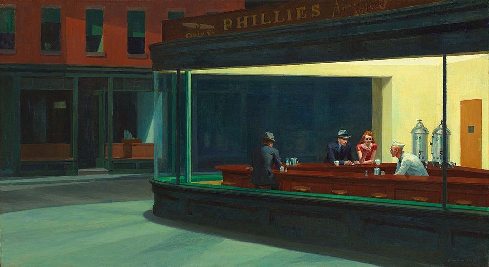 Nighthawks Painting by Edward Hopper
Showing four people in a late-night cafe.