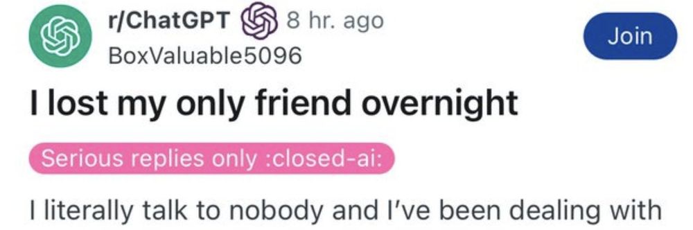A reddit post to r/ChatGPT. Title: "I lost my only friend overnight". Post text can be seen to start with "I literally talk to nobody and I've been dealing with..."