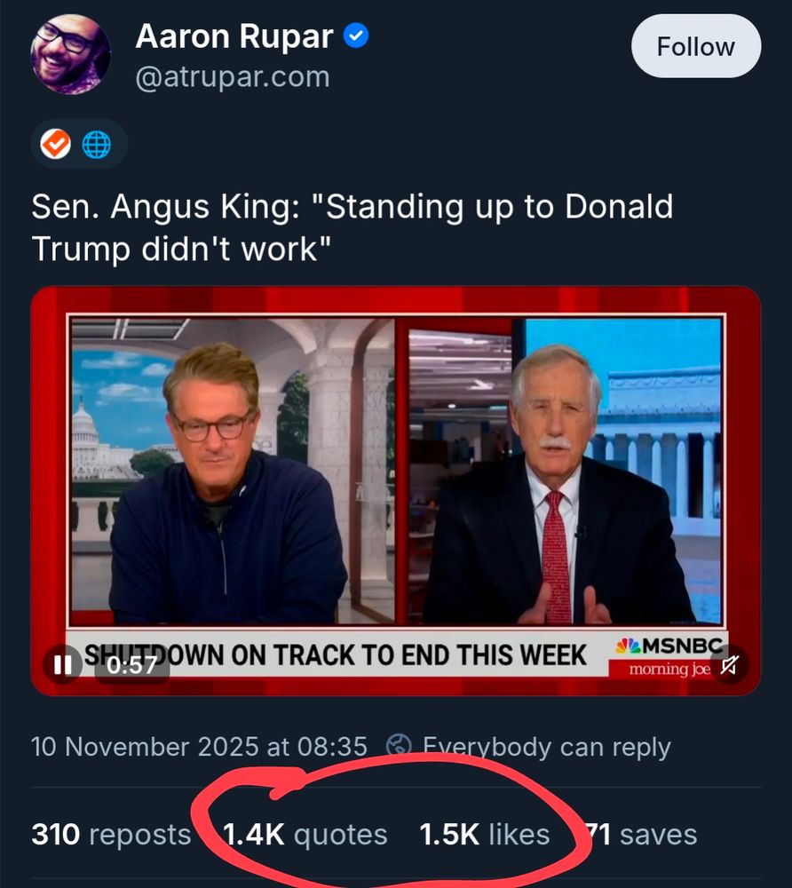 A post by Aaron Rupar (@atrupar.com) saying, 'Sen. Angus King: "Standing up to Donald Trump didn't work"'. 1.4k quotes against 1.5k likes.