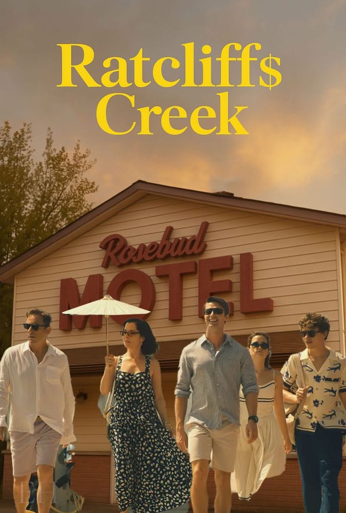 Mock up of the Rosebud Motel from Schitt’s Creek with the Ratliff family (though they’ve got Ratcliff written on it) (mother, father, one daughter, two sons) from the White Lotus stood in front.