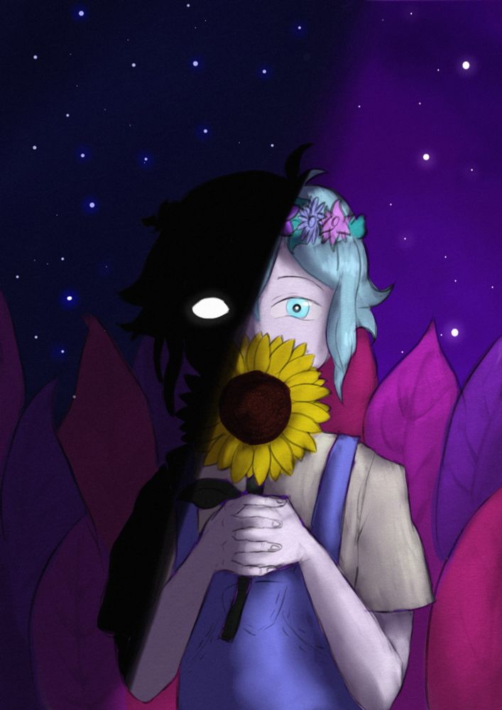 Dream world Basil Holding a sunflower, while standing in the Cattail Field. A Sharp shadow is hiding his left side of the Face, revealing Stranger