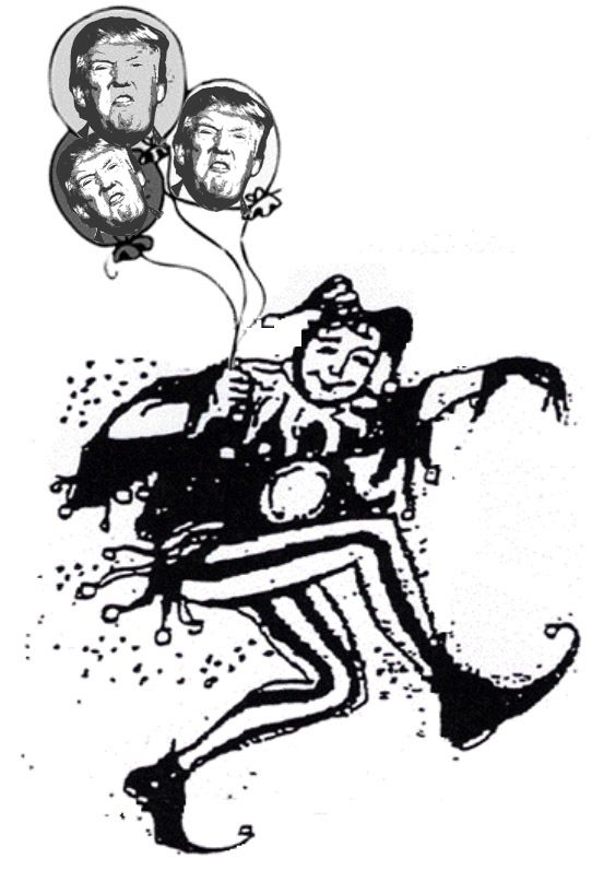 This is the April Fools' Day Parade mascot -- the Jester. This year he's carrying balloons with Donald Trumps face on them to the 40th Annual April Fools' Day Parade in NYC.