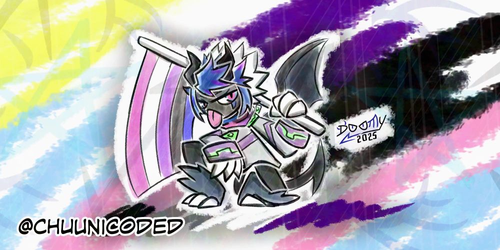 A sketch of a demon-esque character bending down on one knee, sticking their tongue out with an annoyed/angered look and holding a flagpole in their left hand. The flagpole extends behind their head and the flag drapes down on the character's right side, depicting the genderfluid flag. In the background, there are sketchy lines drawn with the colors of the non-binary flag and the transgender flag. Directly below the character is another sketchy line, colored with the asexual flag colors. On the bottom left corner is the artist's @ handle.