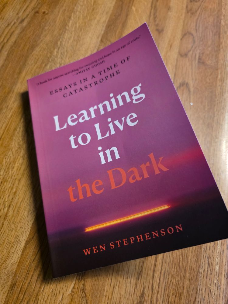 Book that is various shades of purple on a brown counter top. It is "Learning to Live in the Dark by Wen Stephenson. It brings hope by analyzing other writers who have lived through politically dark times.