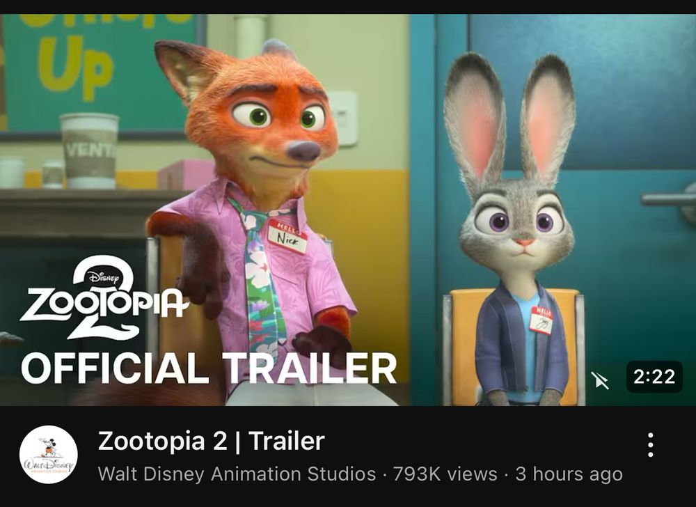 Screenshot of the trailer for Zootopia 2 on YouTube