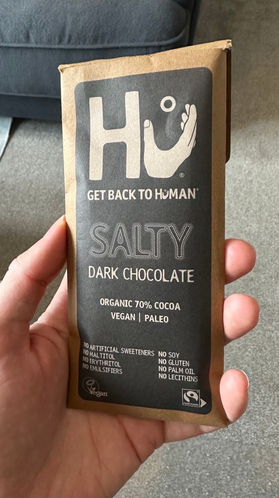 A packaged bar of salted 70% dark chocolate