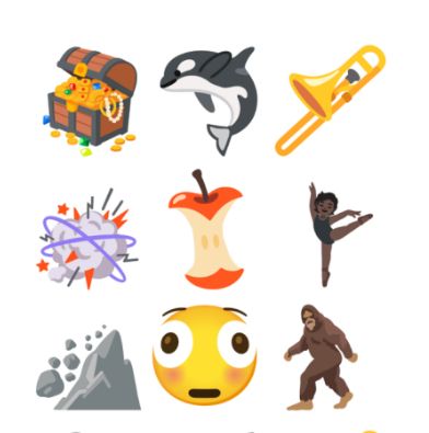 9 new Unicode emojis coming soon, including; open treasure chest full of gold, jumping Orca, trombone, cartoon fight cloud, apple core, ballet dancer, mountain with rock slide, fish-eye lens staring face, and bigfoot