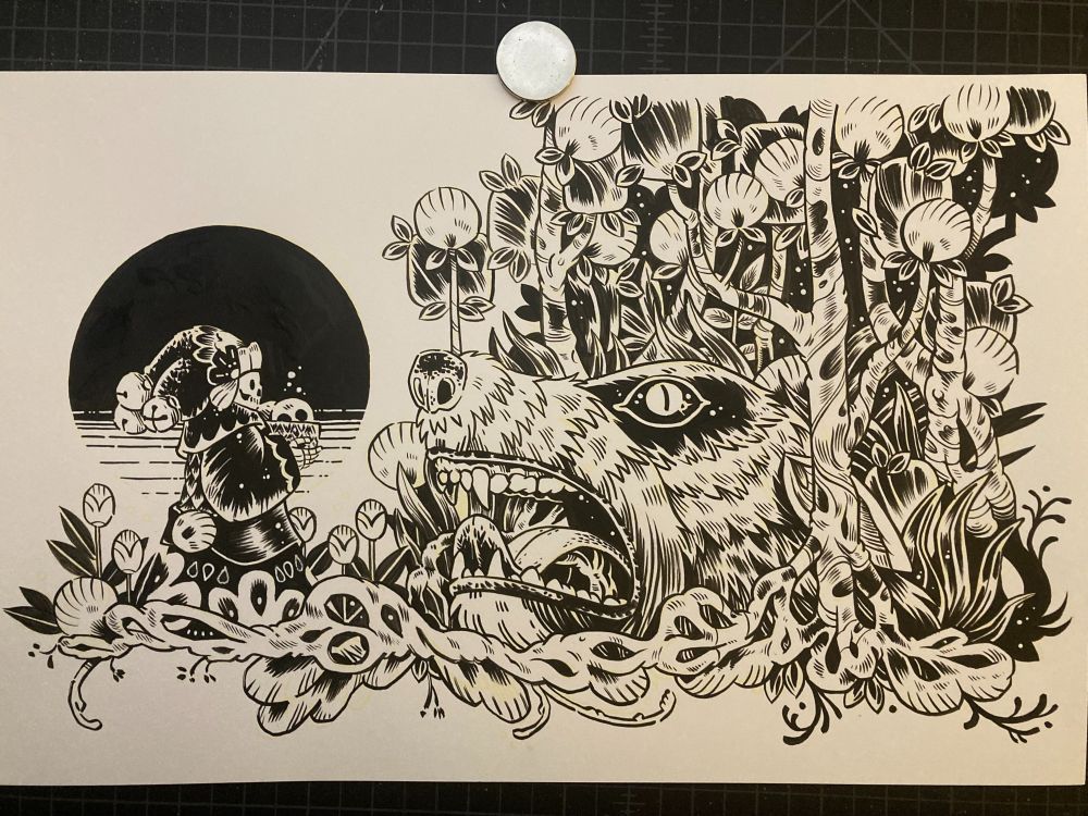 Ink drawing of skull character feeding a wolf head growing out of the ground.