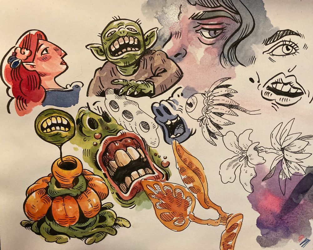 Watercolor and in sketchbook page of various toothed creatures