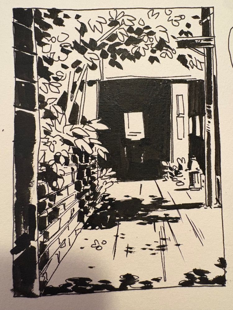 Ink drawing of an overgrown tunnel.