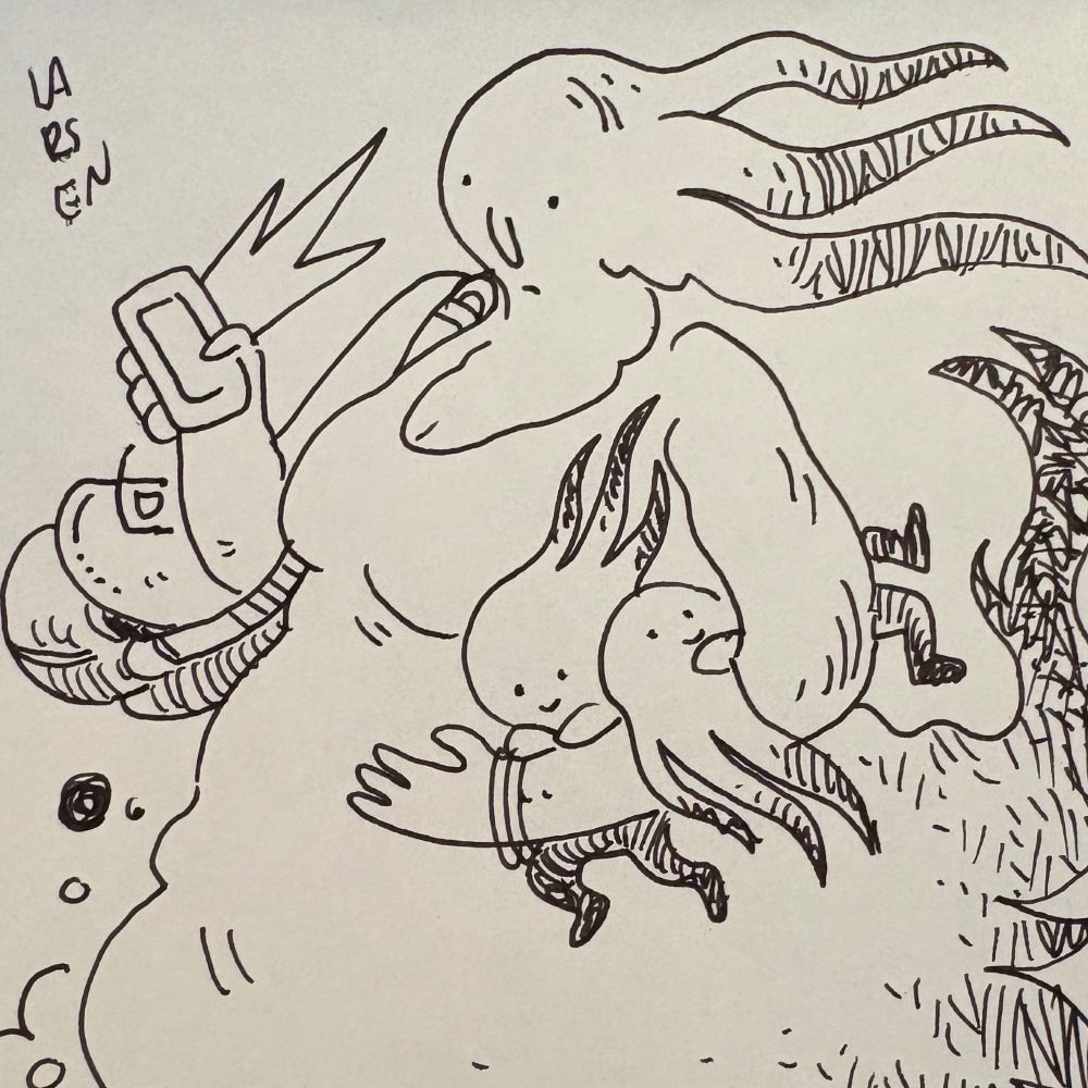 Line drawing: Tentacle mom holds squirmy tentacle kids wile looking worriedly at her phone.