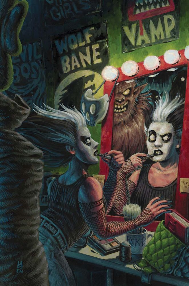 Main character applies makeup in a mirror while monsters appear behind her.