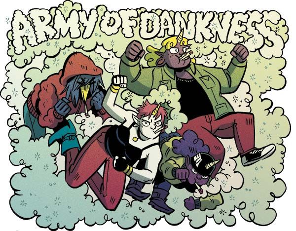 Army of Dankness banner with characters emerging from a cloud of sparkly smoke while puffing some sick blunts.