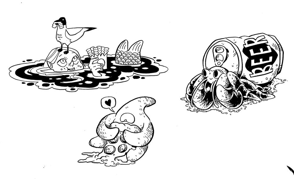 Ink drawing of mermaid and sea gull eating fries, star fish hugging pizza, hermit crab in a smol beer can.
