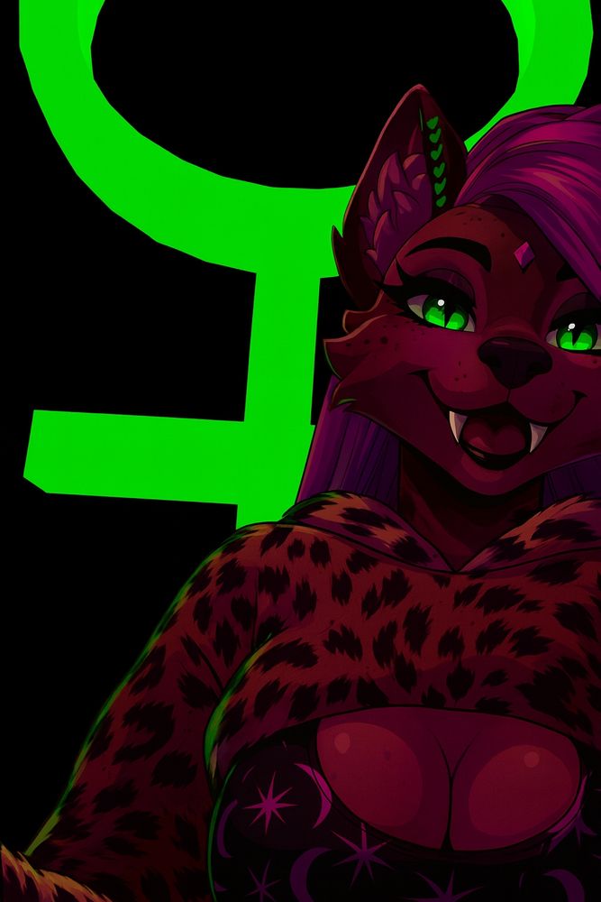 A stylized anthropomorphic canine with bright green eyes and long pink hair smiles with long fangs against a black background. A large glowing green Venus symbol looms behind her, while she wears a leopard-print hoodie and dark clothing patterned with stars and moons.