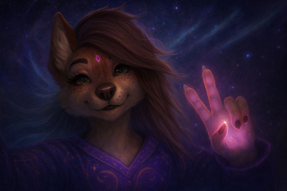 A digital painting of an anthropomorphic dog-like character taking a selfie against a starry, cosmic background. The character has reddish-brown fur, long swept hair, green eyes, and a glowing purple diamond-shaped mark on the forehead. They wear a purple robe with gold patterns and hold up a glowing hand making a peace sign.