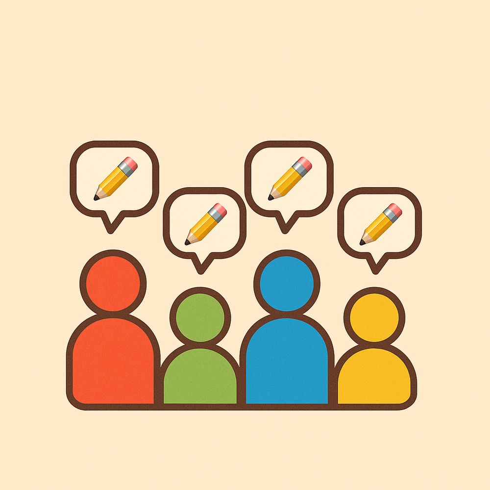 A minimalist, flat-style illustration shows four simplified human figures arranged in a row. Each figure is a solid color—red, green, blue, and yellow—and outlined with a thick brown border. Above their heads are four speech bubbles, also outlined in brown, each containing the same pencil emoji. The background is a pale beige, and the overall style is clean, bright, and graphic.