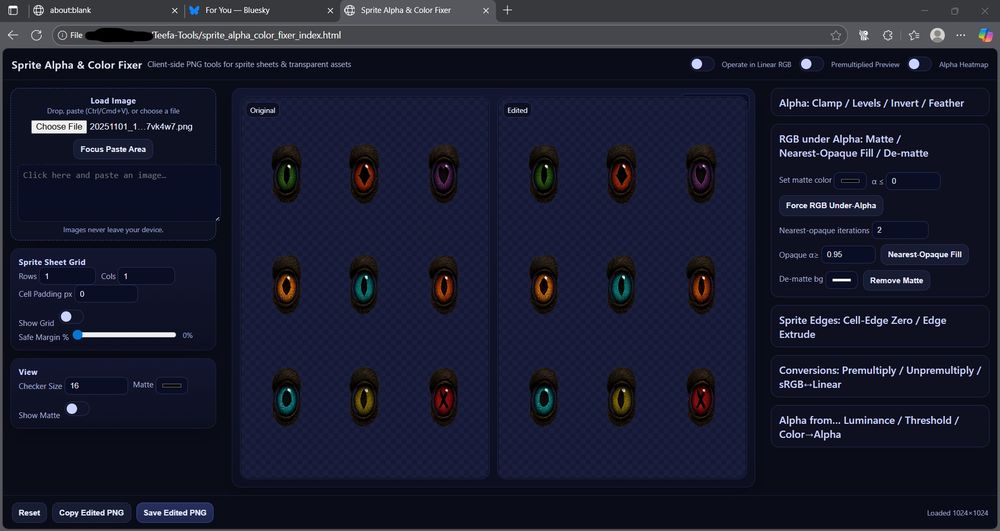 Screenshot of a desktop application titled “Sprite Alpha & Color Fixer.” The interface shows two preview panels labeled “Original” and “Edited,” each displaying a 4x2 grid of stylized reptilian or dragon-like eyes in various colors including green, orange, purple, red, yellow, and blue on a transparent checkerboard background. The left side of the window includes controls for loading an image, sprite sheet grid settings, and view options. The right side contains adjustment panels for alpha, matte, and color correction settings, as well as buttons labeled “Force RGB Under-Alpha,” “Nearest-Opaque Fill,” and “Remove Matte.” At the bottom are buttons labeled “Reset,” “Copy Edited PNG,” and “Save Edited PNG.” The file path at the top indicates a local file being edited on Windows, and the loaded image dimensions are shown as 1024×1024 pixels.
