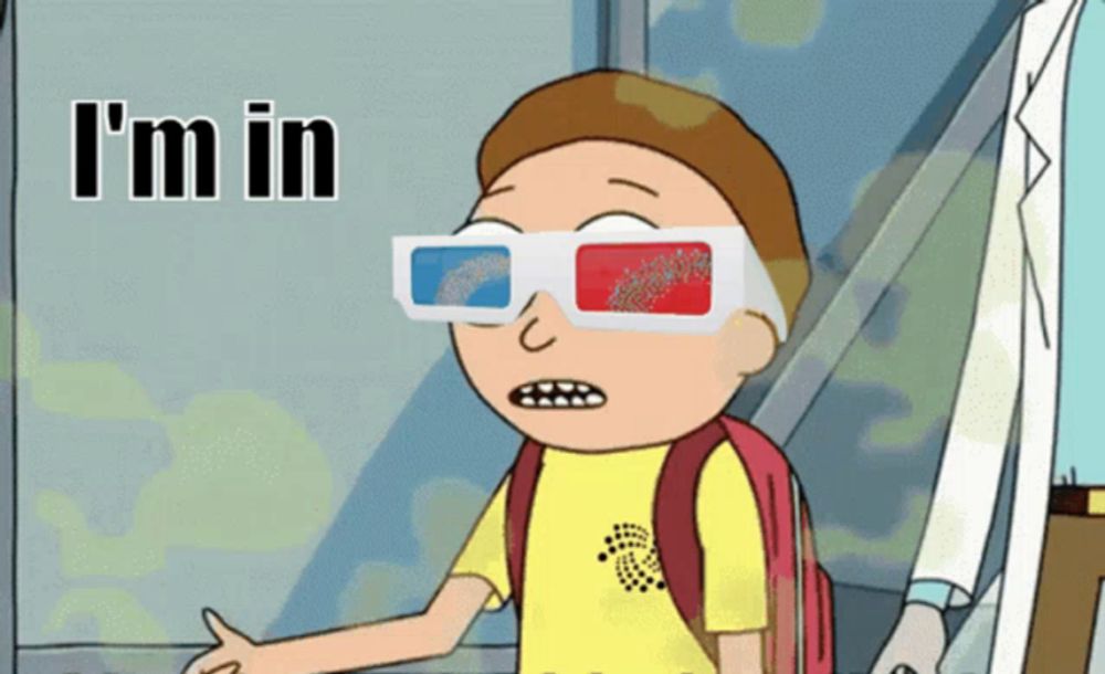 a cartoon character wearing 3d glasses with the words i 'm in behind him