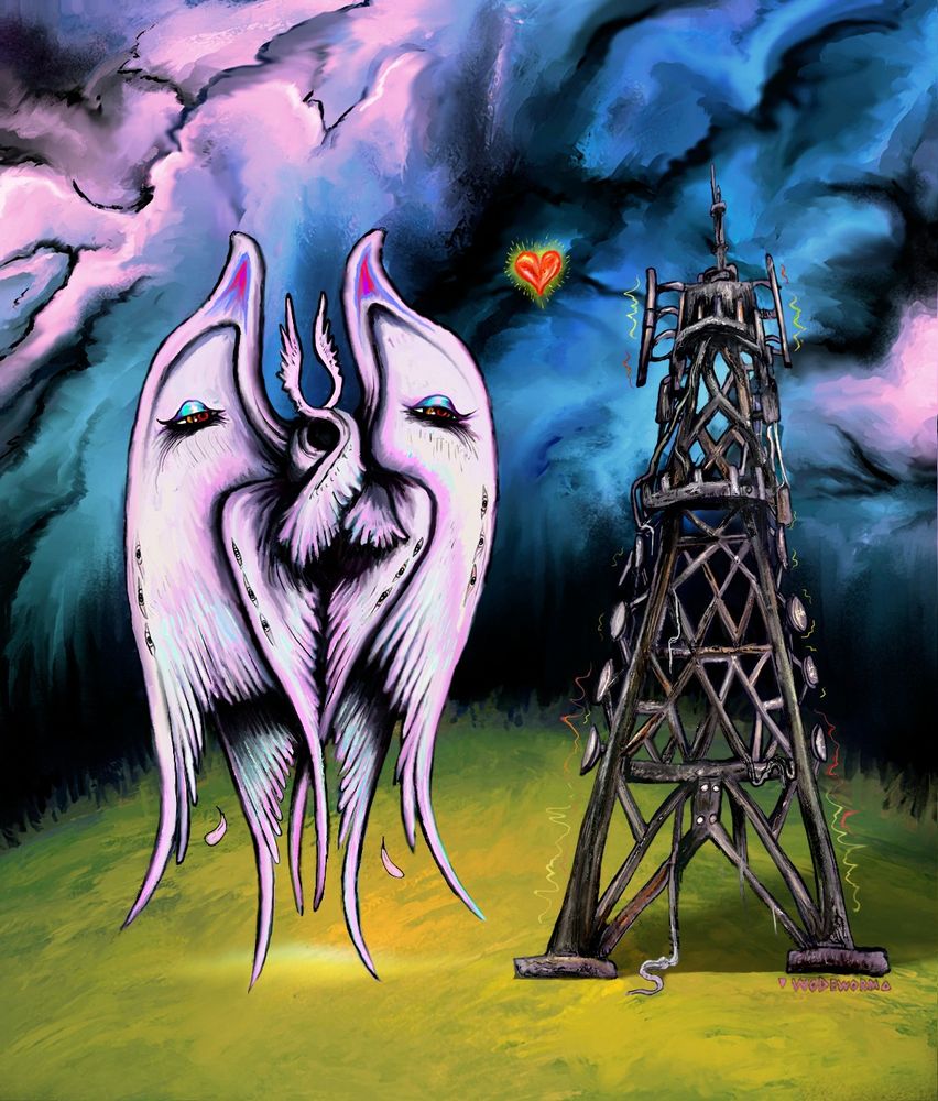 A seraphim attracted to metaphysical differences of a warn down radio tower, they enjoy each others vibrations, in an empty field, a liquid sky hangs over head