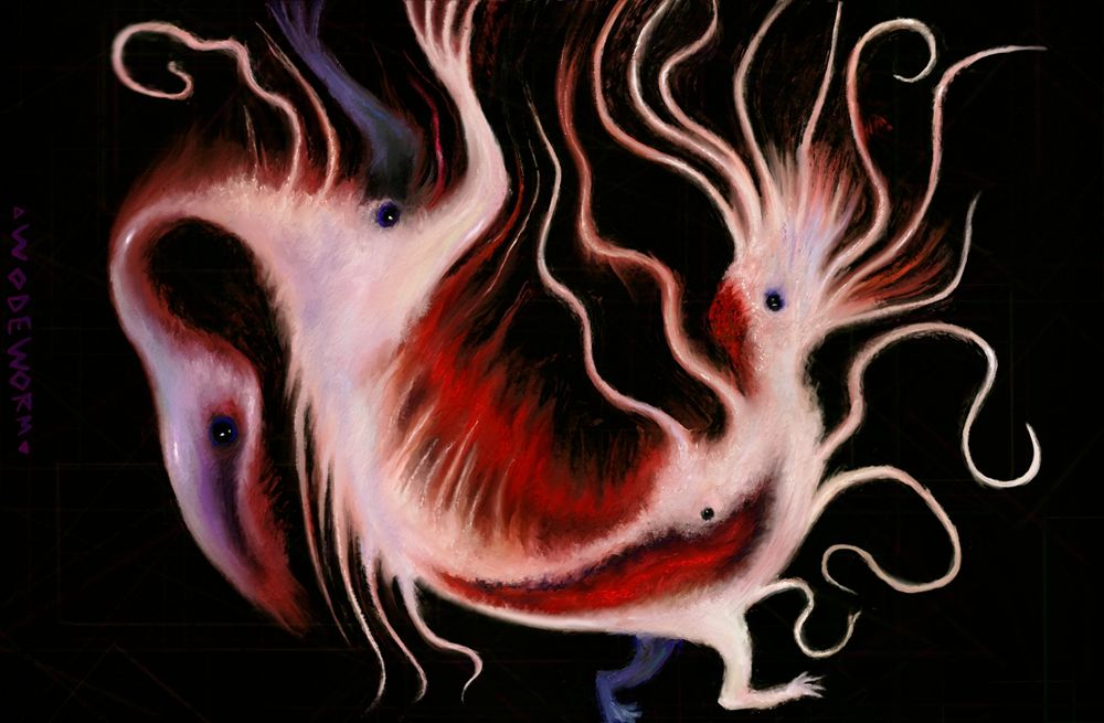 multi headed, and multi feelered for detecting EVENTS, its raw skin and exposed organs help it process EVENT based information, it can traverse very slowly to new areas of the home to better detect EVENTS , its pale and some what raw, with 4 blackened eyes 