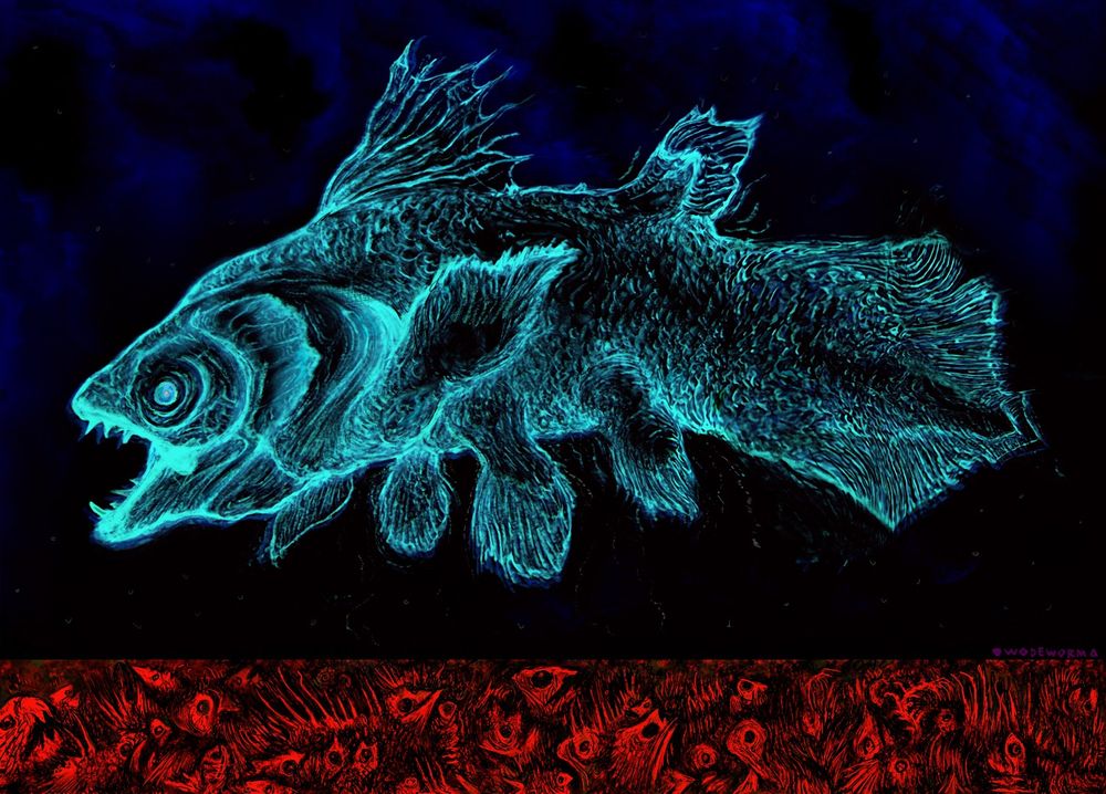 Ancient  many Lobe finned fish, glides across the listless abyss of extinction, profound nature of surviving