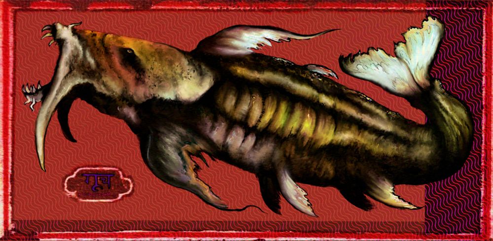 An over 2 meter long powerful predator with a broad head, formidable grasping teeth, powerful build. Long speckled muddy patterns of spots and countershading, lurking in fast moving cold mountain waters, living in near mythical status along the Indian sub continent and parts of south east Asia  