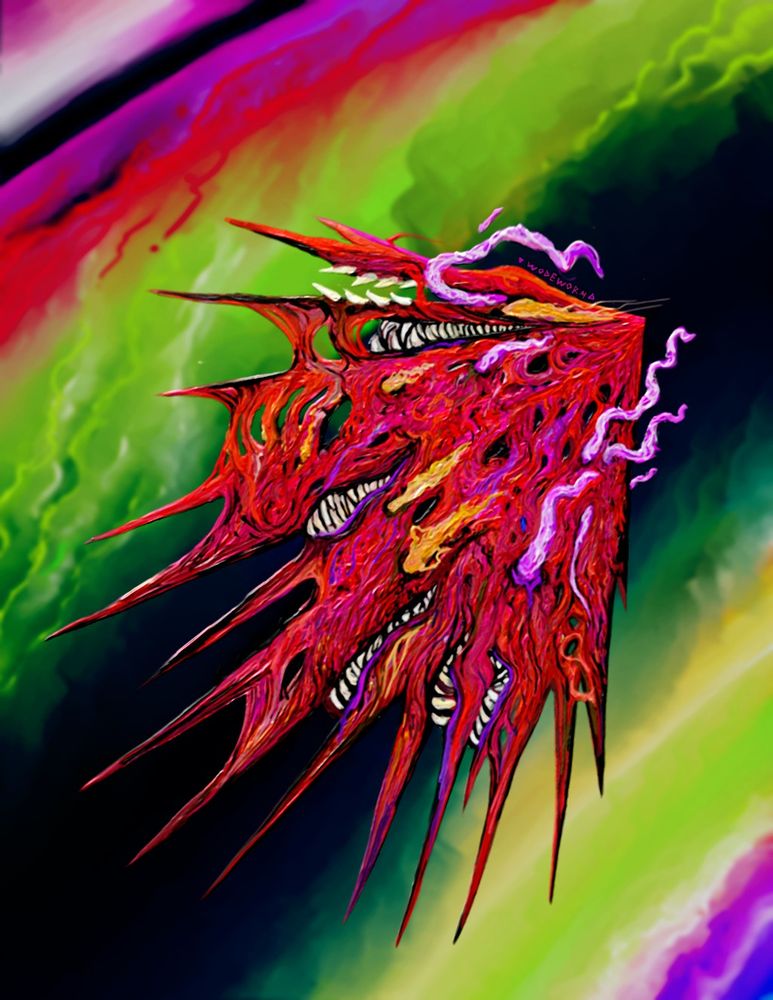 Crimson crackled flesh star, tongues and maws bless with song, a satellite being that orbits many folds in space, if perceived correctly, grants individuals incredible speed for something in their lives. Although often ambiguous as to what specifically that will be, causing confusing consequences. Many Bio punk and Ribofunk seek its speed buffing nature all the same.