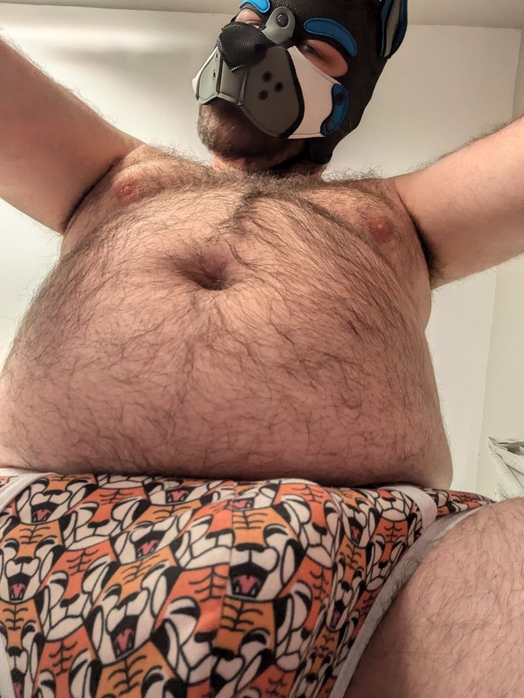 Big, hairy fella in a pup mask with a tiger jockstrap 