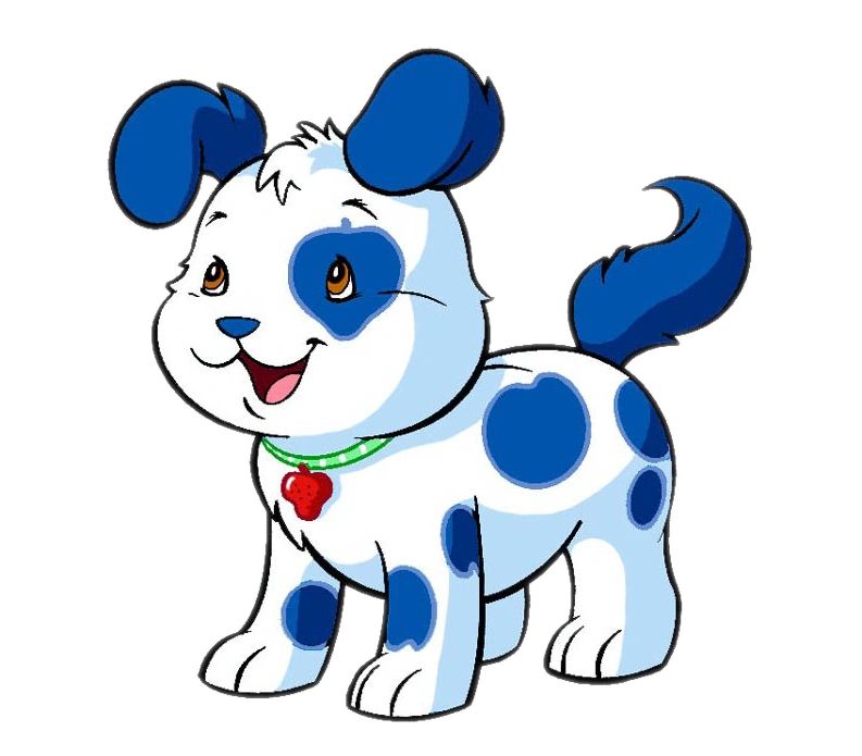 Pupcake, the dog, from strawberry shortcake 2003. He has white and blue fur and a strawberry over his left eye