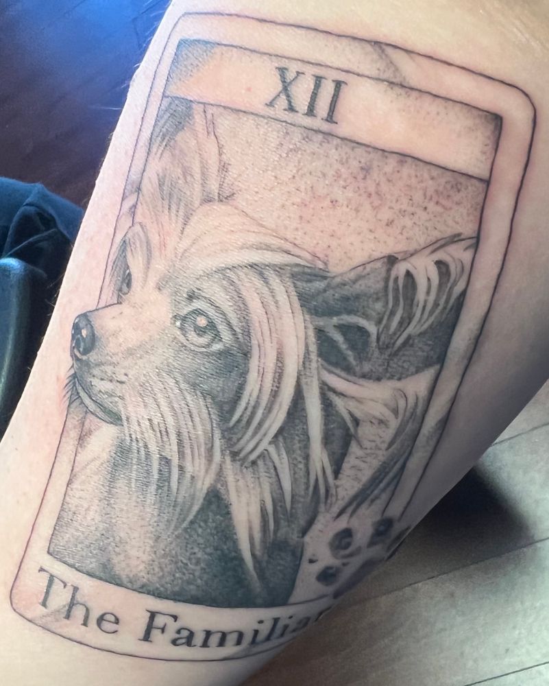 Forearm tattoo of a dog in a tarot card frame with the number 12 in Roman numerals on the top and the words “The Familiar” on the bottom with a paw print on the lower left side. 