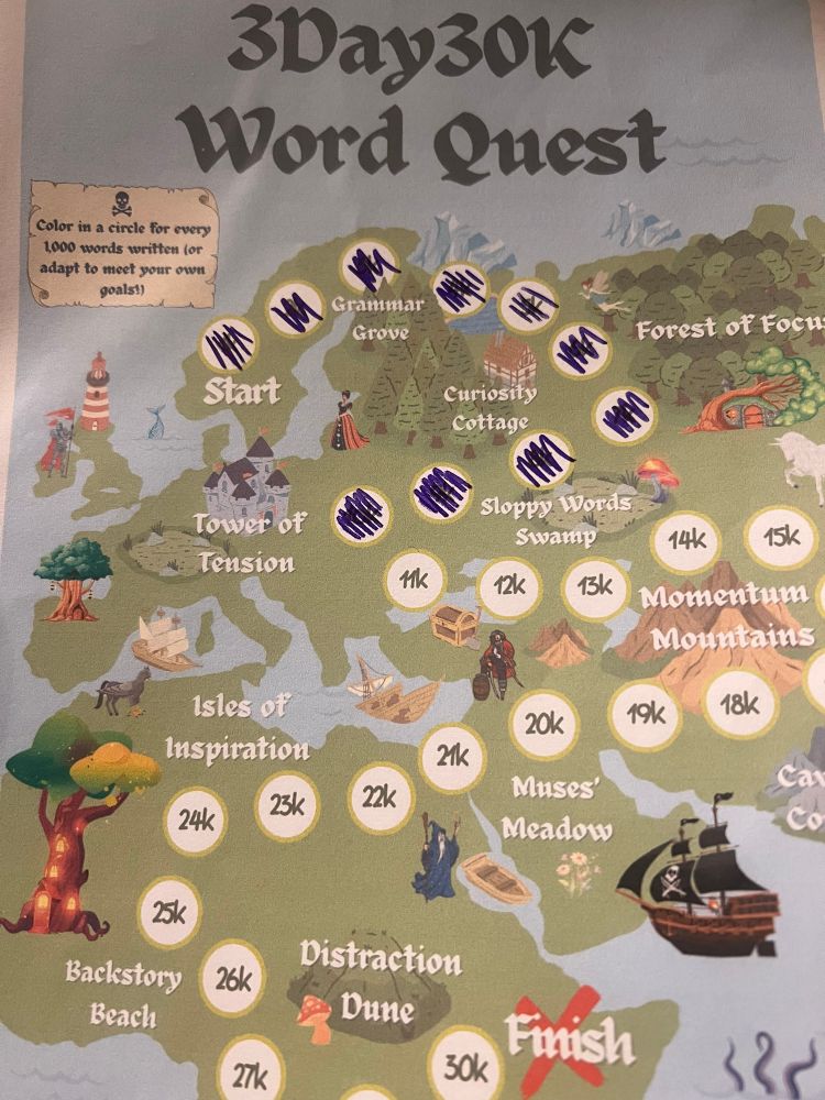 Word question map with circles for every 1k of words, 1-10k are filled in. 