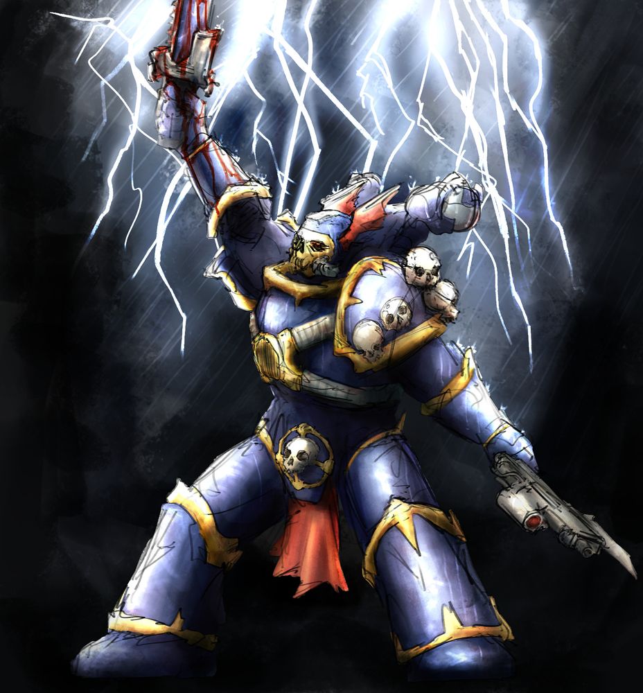 quick sketchy render of a night lord space marine holding a bloody chainsword up into the sky in a rainy thunderstorm