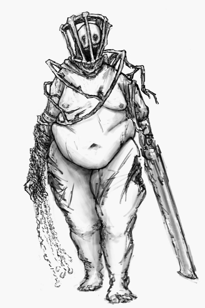 bloated ghoulish zombie creature with a cage around their head and upper body, fused with it. their left arm replaced by a heavy blade and their right arm wrapped in chains that end in hooks.
