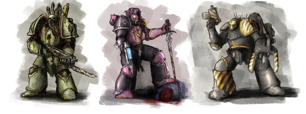 three rough render sketches. first is a plague marine holding a rotten bolter. second one is a marine wearing pink and black armor with some slaanesh symbols, sinking a sword into an enemy while holding a plasma gun. third is an iron warrior holding a bolter pistol, his other arm is an industrial-looking claw with three gun barrels in it (very dakka).