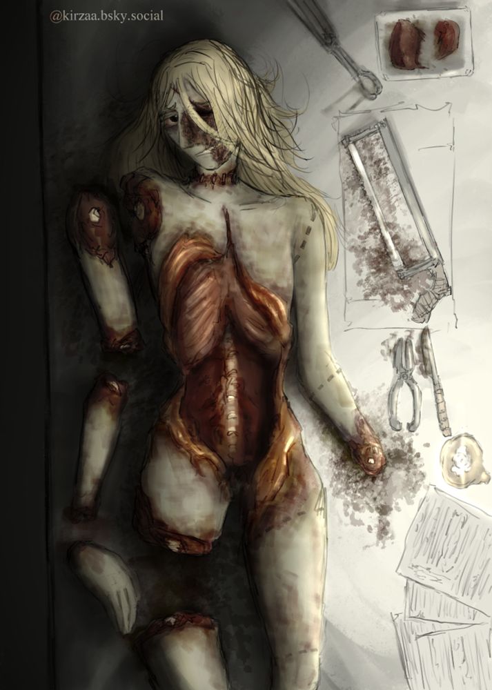 Moth laying on a table, illuminated by candlelight. he is chopped up and his abdomen and chest are carved open. his right arm sawed in three segments. his right leg lopped off. to his right are medical tools for dissection and some papers with notes.