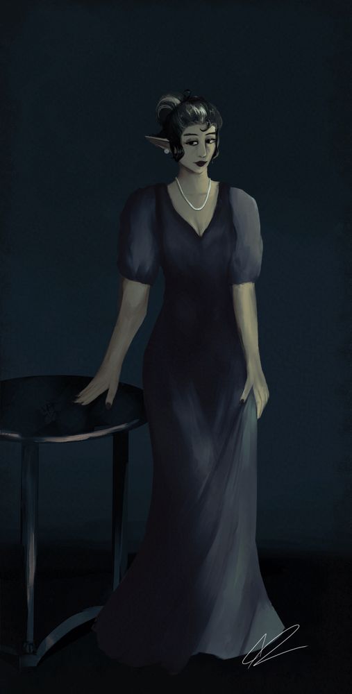 A tall elven woman in a long blue dress stands next to a dark table. The image is reminiscent of Portrait of Madame X by John Singer Sargent.