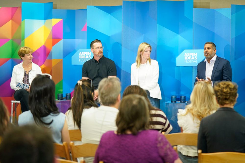 Vivian Schiller on stage at Aspen Ideas with panelists, from left to right, Klon Kitchen, Alexandra Reeve Givens, and Vilas Dhar.
