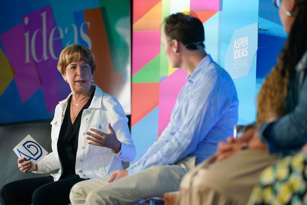 Vivian Schiller on stage at Aspen Ideas with fellow panelists John Palfrey and Jenn White.