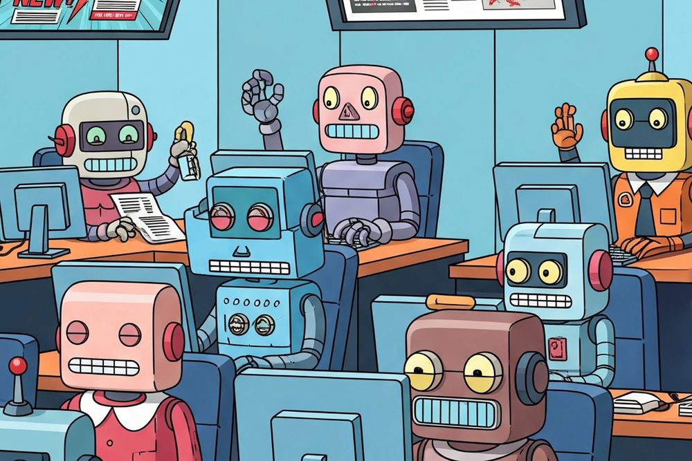An illustration of robots working in a newsroom.