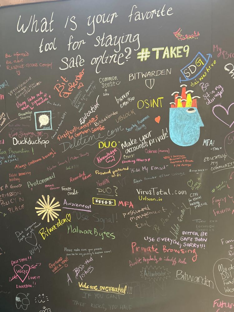 A photo of responses to the question "What is your favorite tool for staying safe online?" written on the Take9 chalk wall at WiCyS