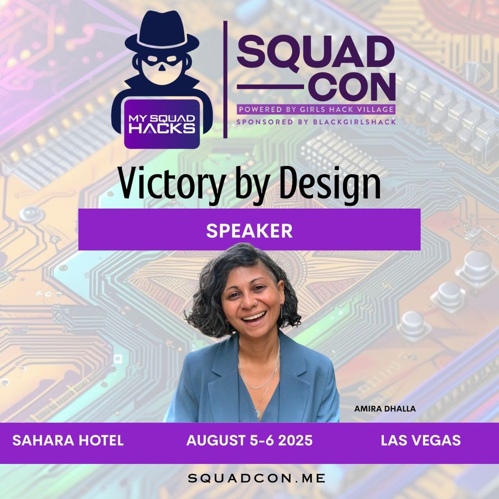 This graphic promotes SquadCon speaker Amira Dhalla.