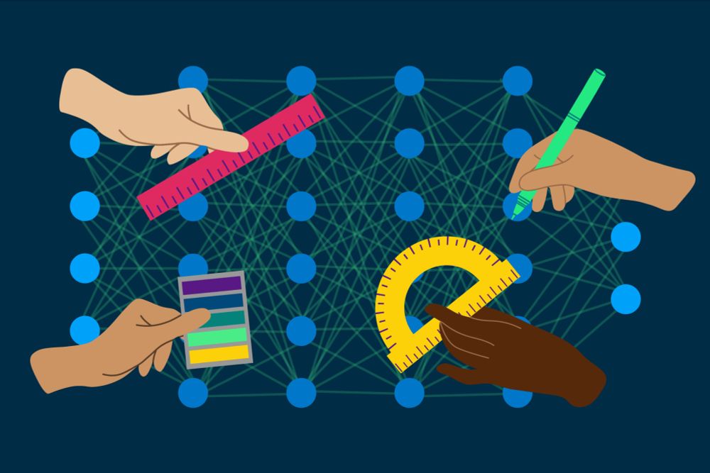 Hands holding rulers and other implements over a stylized representation of a deep neural net.