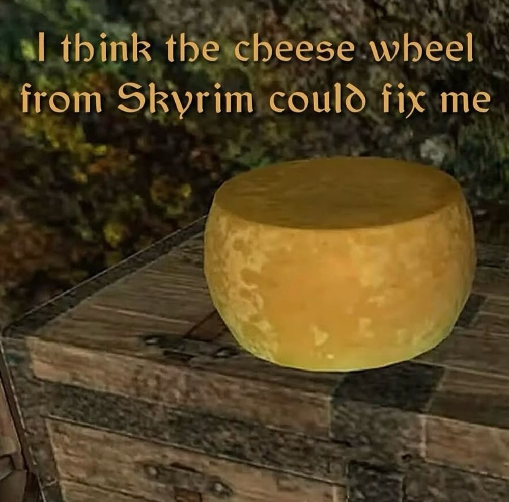 "I think the cheese wheel from Skyrim could fix me" over a screenshot of a glorious cheese wheel in Elder Scrolls 4: Skyrim 